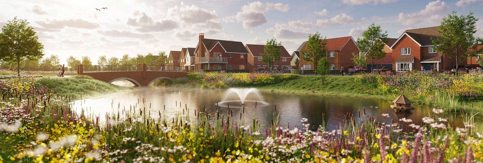 An exterior CGI of Eastbrook Village bridge over the lake and houses