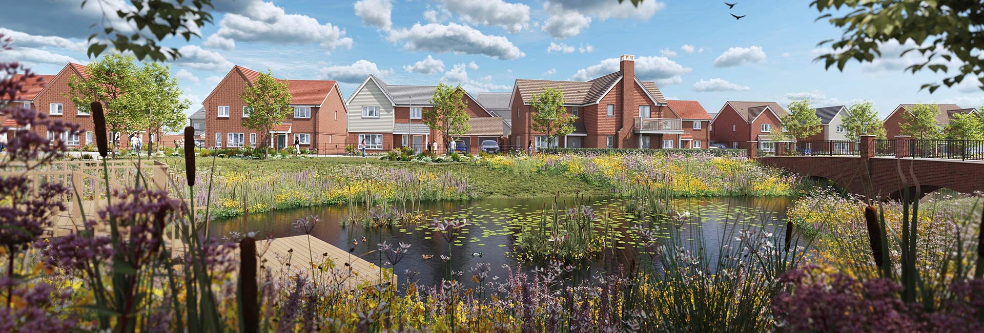 An exterior CGI view of Eastbrook Village from across the lake